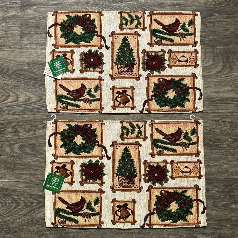 NEW 2 Christmas House Cardinal Tree Wreath Cloth Red Bird Holiday Placemats